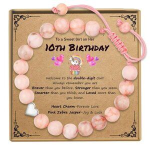10th Birthday Bracelet Pink Beaded Adjustable Gift for Girls Daughter Niece
